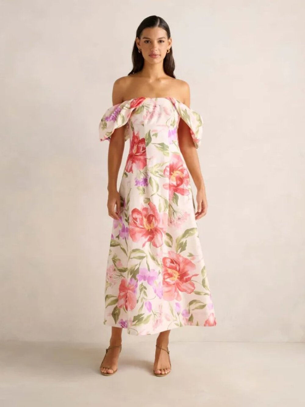 EVERNEW Janie Floral Off Shoulder Puff Sleeve Midi Dress - Size 4